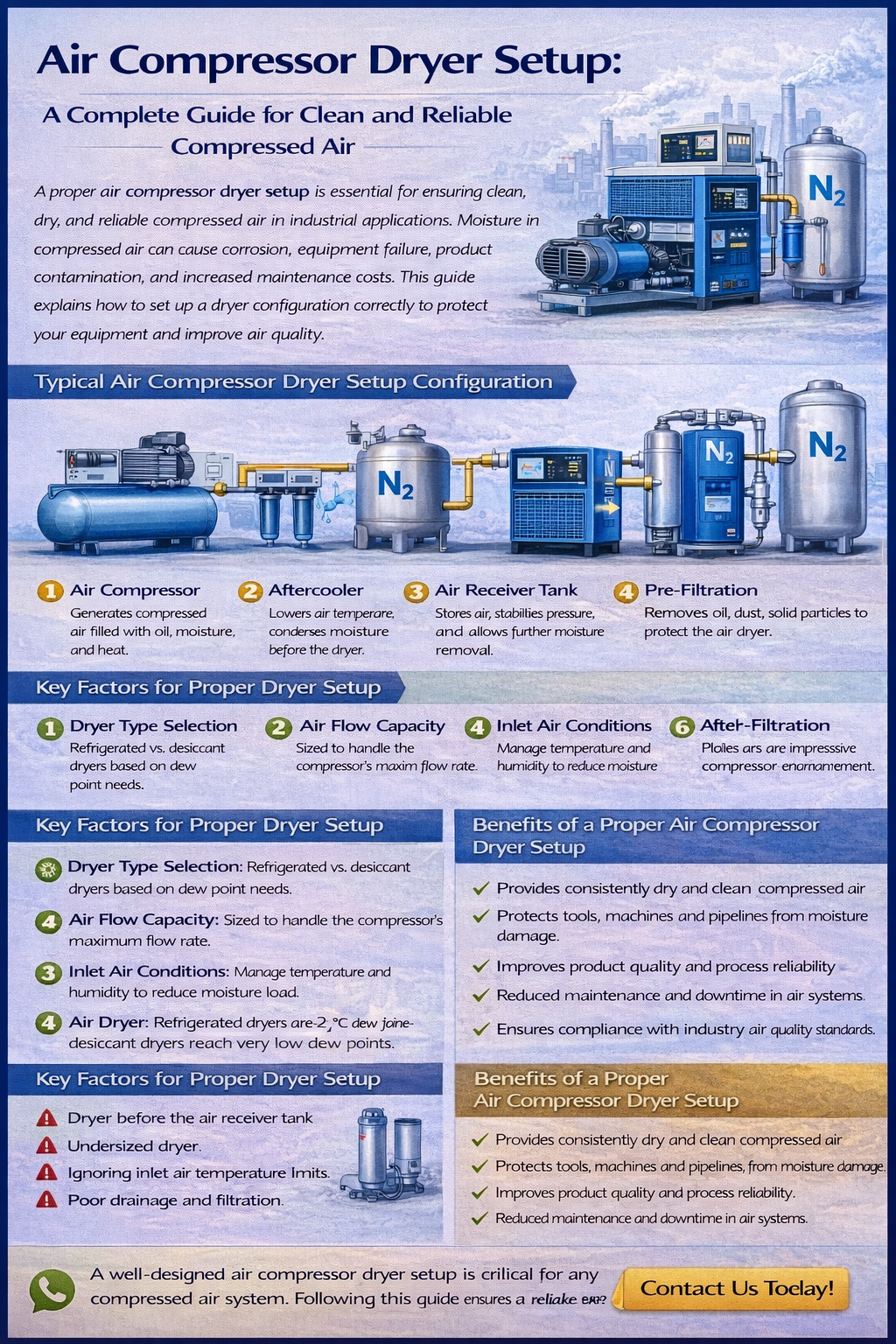 Infographic “Air Compressor Dryer Setup” showing a typical compressed-air system layout (compressor, aftercooler, receiver tank, pre-filtration, air dryer, nitrogen/air tanks), key setup factors, common mistakes, benefits, and a “Contact Us Today” call to action.