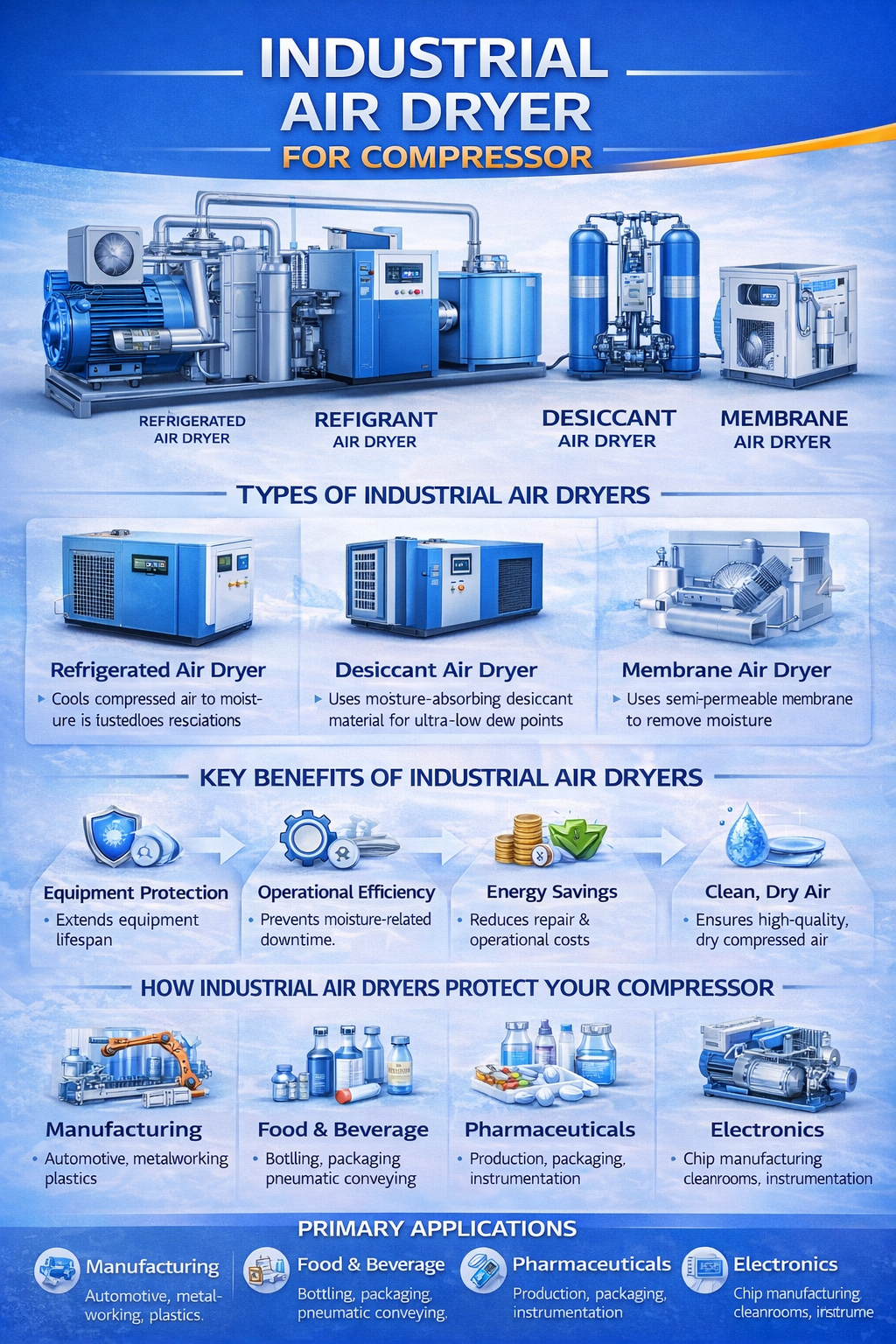 Infographic titled “Industrial Air Dryer for Compressor” comparing refrigerated, desiccant, and membrane air dryers, showing key benefits (equipment protection, efficiency, energy savings, clean dry air) and applications in manufacturing, food & beverage, pharmaceuticals, and electronics.