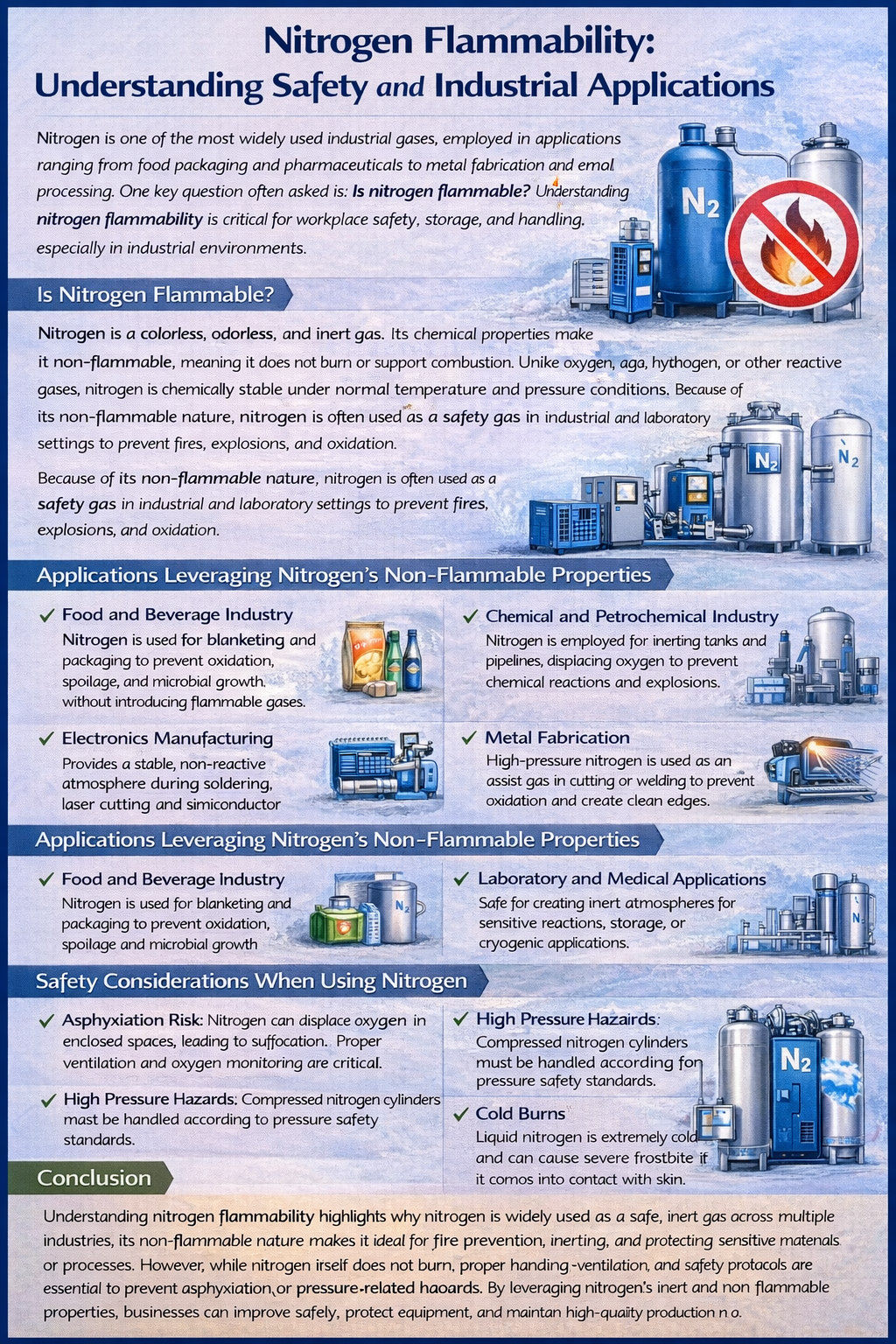 Infographic on nitrogen flammability and safety, stating nitrogen (N₂) is non-flammable and inert, showing industrial uses (food packaging, electronics, chemical/petrochemical, metal fabrication, labs/medical) and safety risks (asphyxiation, high pressure, cold burns).