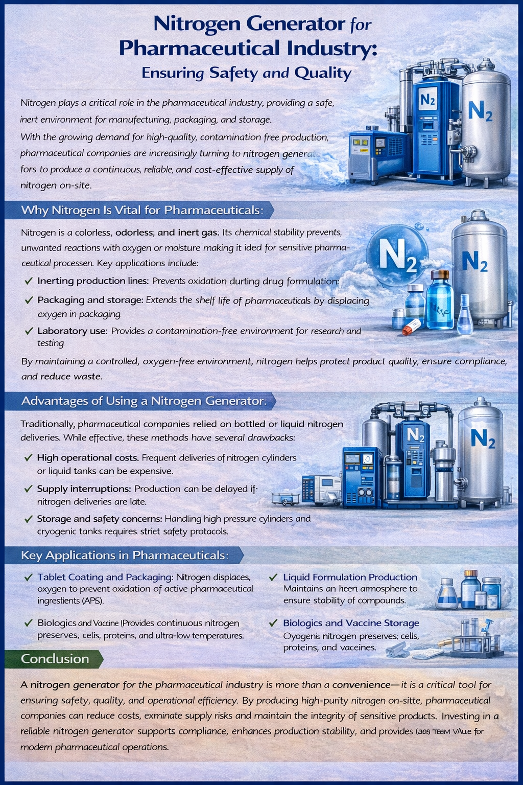 Infographic on nitrogen generators for the pharmaceutical industry, highlighting N₂ as an inert gas for safety and quality, benefits of on-site generation, and key uses like inerting production lines, packaging/storage, labs, tablet coating, liquid formulation, and biologics/vaccine storage.
