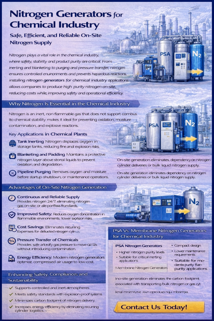 Infographic illustrating nitrogen generators for chemical industry applications, including tank inerting, blanketing, pipeline purging, explosion prevention, and benefits of on-site nitrogen production.